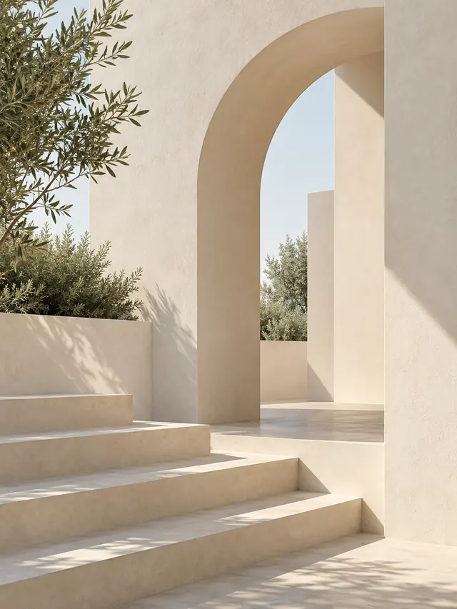 Sculptural pale architecture and gentle geometric shadows; original AI illustration, not a workspace result