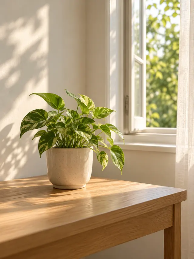 Sunlit plant and desk illustrating the written quiet-afternoon shot example; original AI illustration, not a workspace result